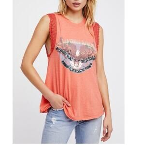 FREE PEOPLE Las Vegas Sequin Muscle Tank Top Crochet Sleeve Sundown Orange SMALL